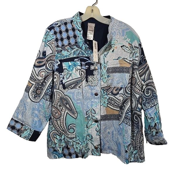 NWT Chico's Reversible Linen Jacket Kings Navy Mixed Print Paisley Women's XL - Picture 1 of 10